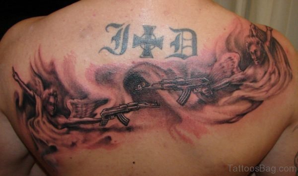 Ak 47 Gun And Angel Tattoo On Upper Back