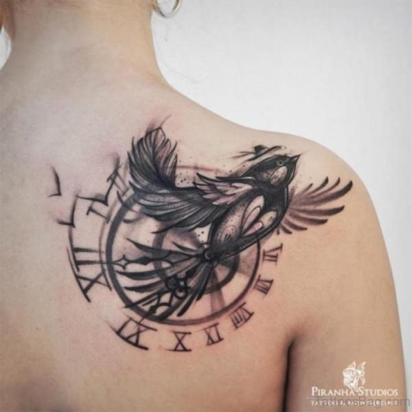 Clock And Bird Tattoo