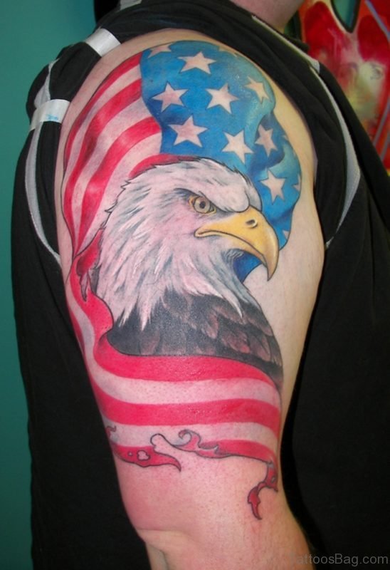 American Eagle And Flag Tattoo On Shoulder