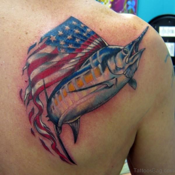 American Flag And Fish Tattoo On Back