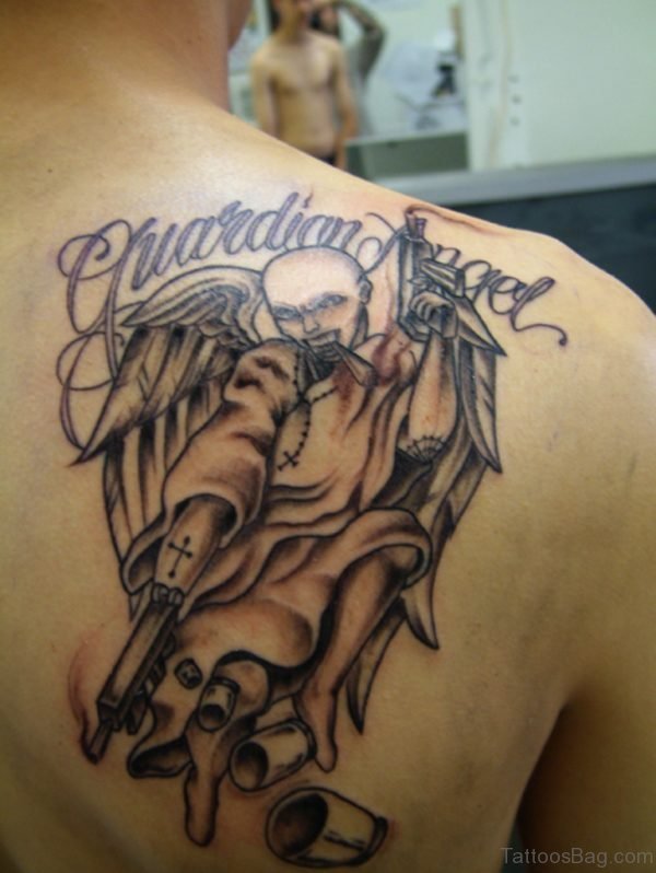 Angel And Gun Tattoo On Back