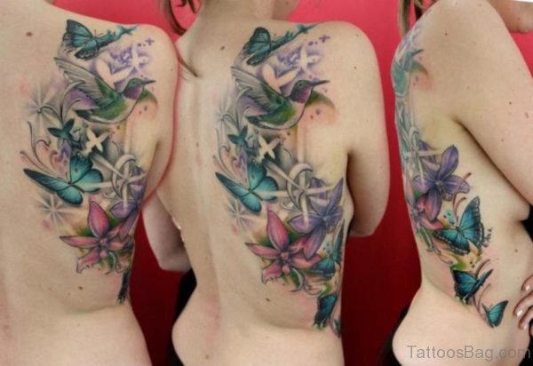 Attractive Hummingbird Tattoo On Back