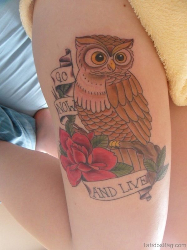 Attractive Owl Tattoo On Thigh