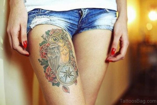Attractive Owl Tattoo On Thigh