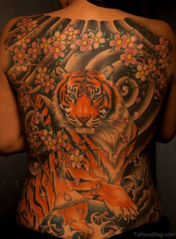Attractive Tiger Tattoo Design On Back