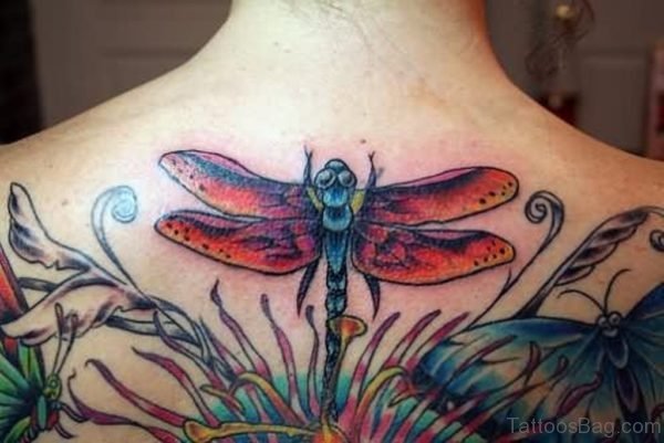 Awesome Color Dragonfly Tattoo On Back