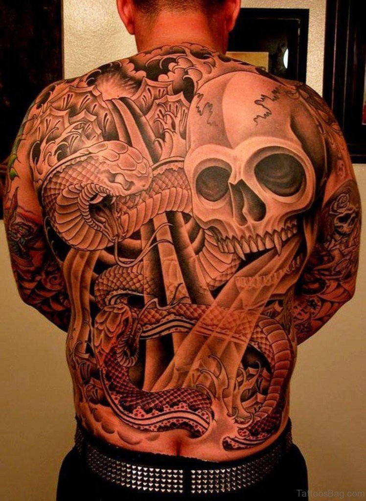 Awesome Skull And Snake Tattoo
