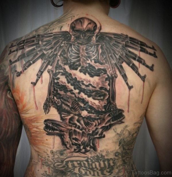 Back Skull Gun Swirl Fish Tattoo