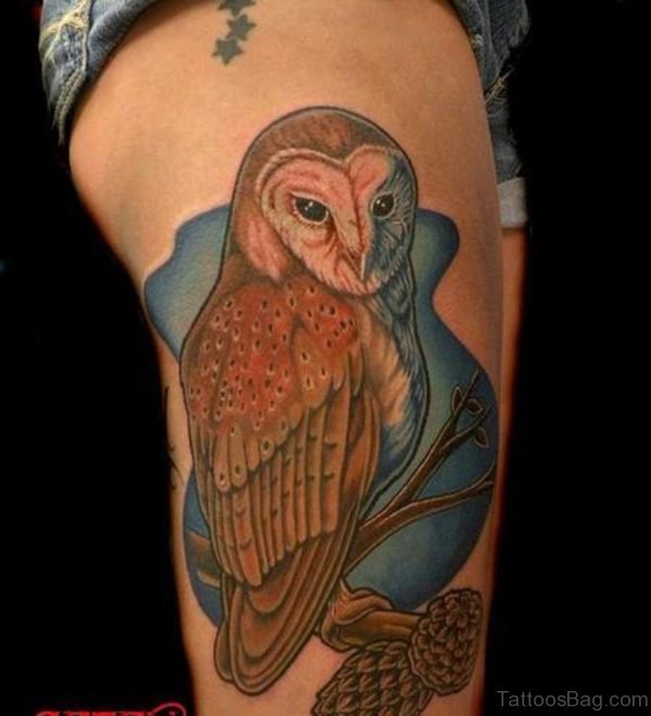 Barn Owl On Branch Tattoo On Thigh