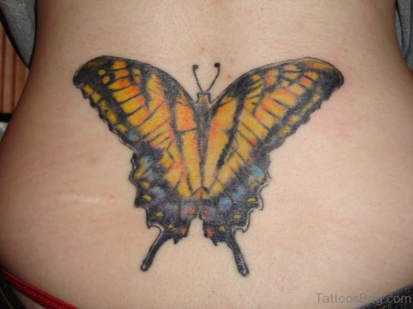 Yellow Butterfly Tattoo Design On Lower Back