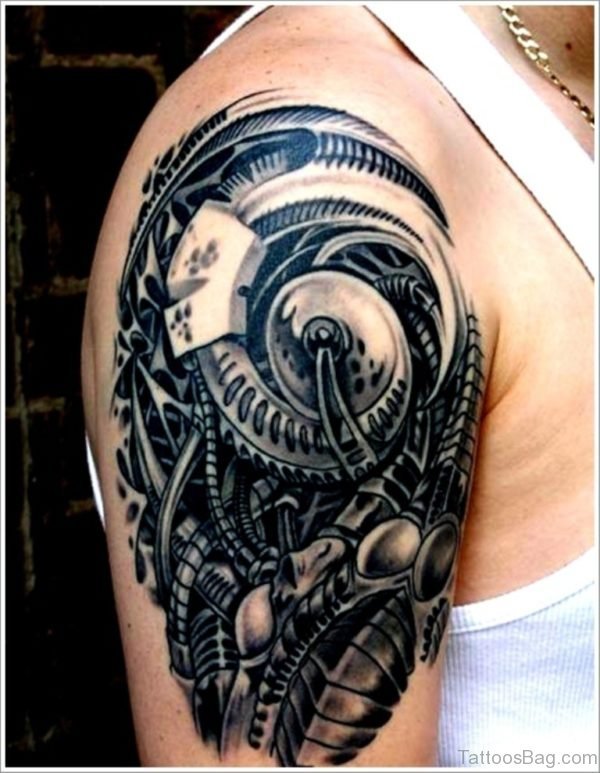 Bio Mechanical Tattoo On Shoulder