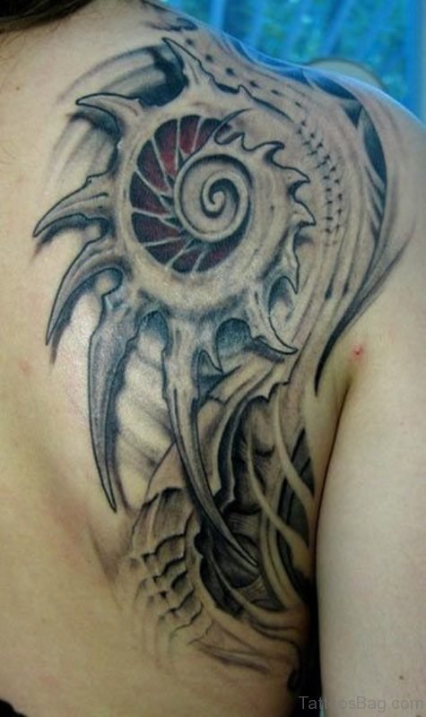 Biomechanical Tattoo On Upper Back