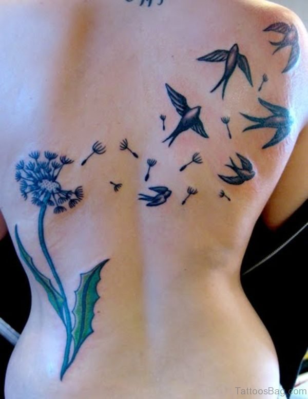 Bird And Dandelion Tattoos On Girls Back