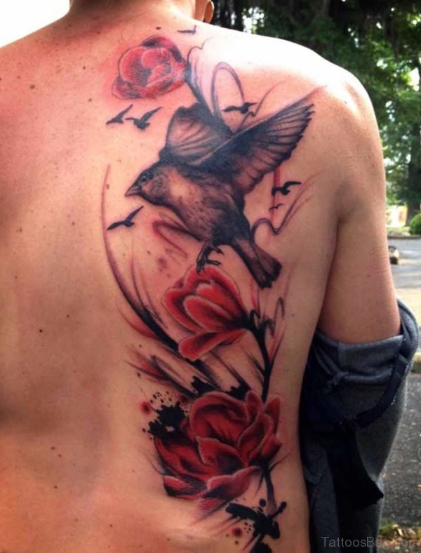 Bird And Flowers Tattoo On Back