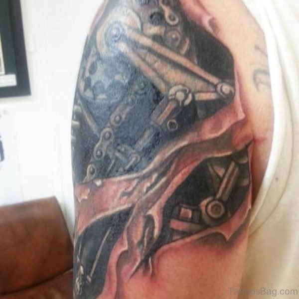 Black And Grey Bio Mechanical Tattoo