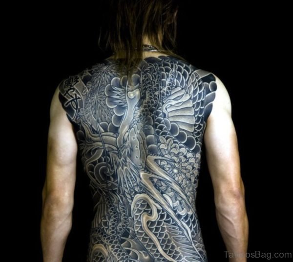 Black And Grey Full Back Tattoo