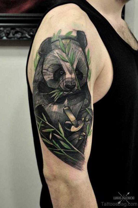 Black And Grey Panda Tattoo On Shoulder