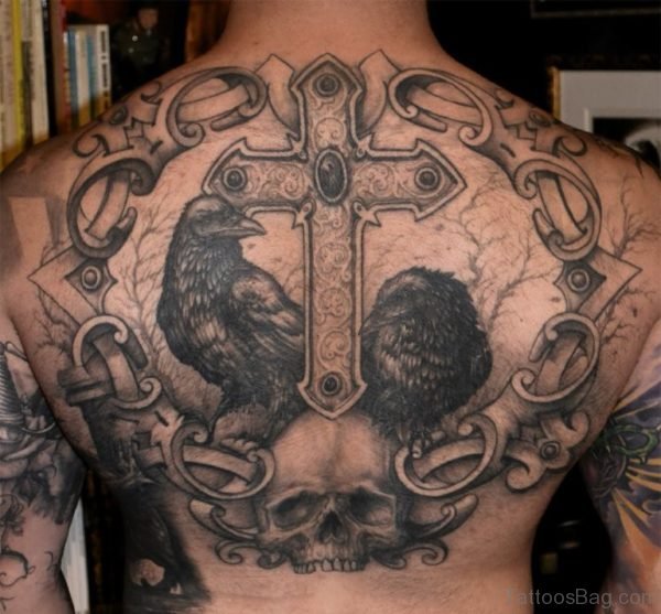 Black And Grey Skull And Cross Tattoo