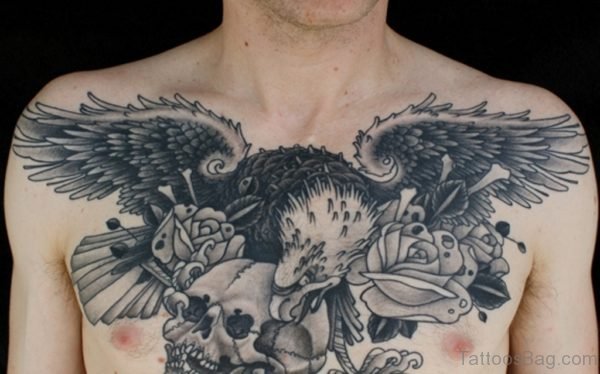 Black And Grey Skull And Eagle Tattoo