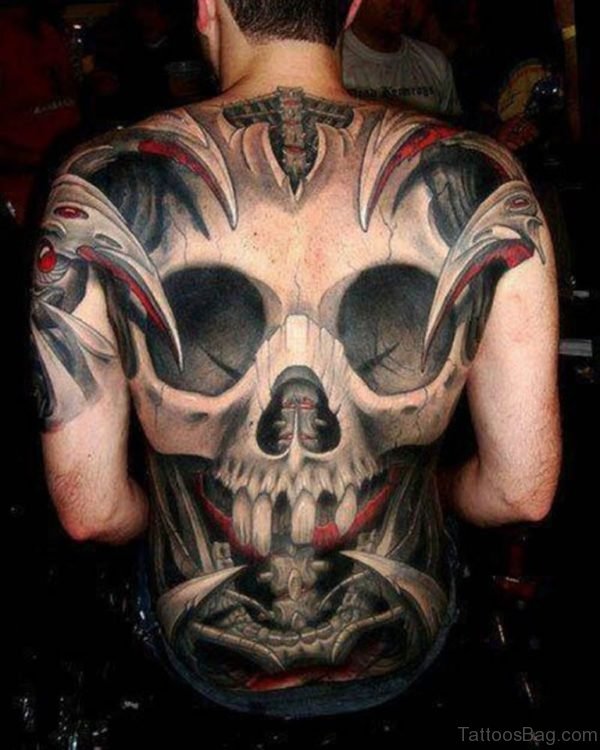 Black And Red 3D Skull Bone Tattoo
