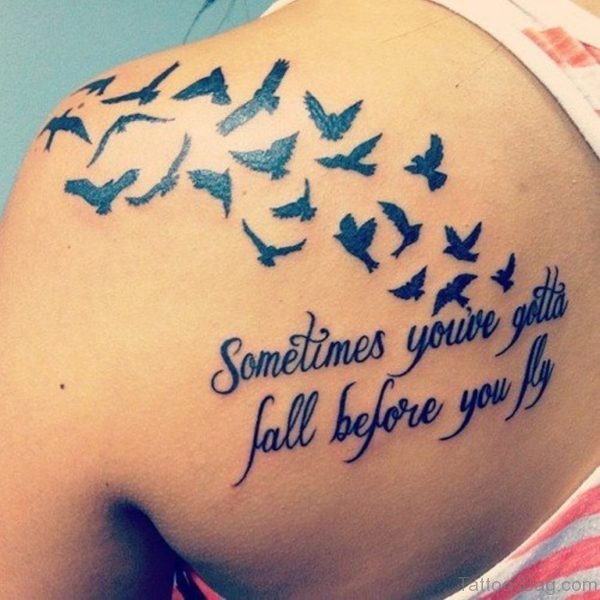 Black Flying Bird And Wording Tattoo