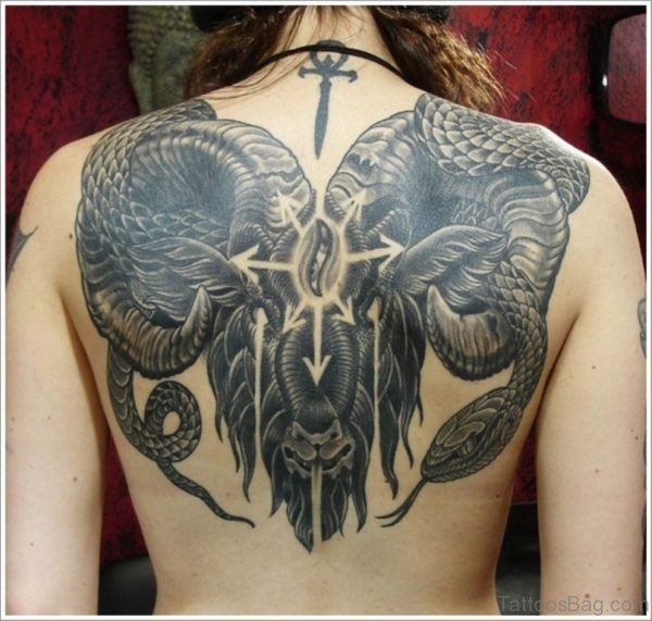 Black Ink Aries And Snake Tattoo