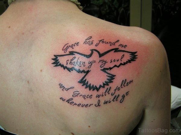 Black Outline Crow With Quotes Tattoo