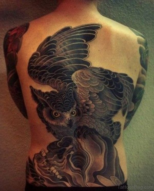 Black Owl Tattoo On Full Back