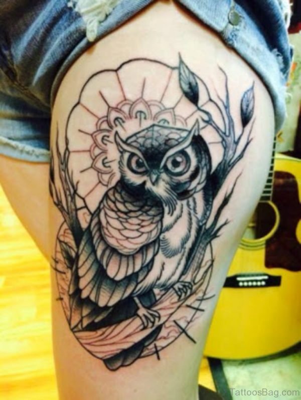 Black Owl Tattoo On Thigh