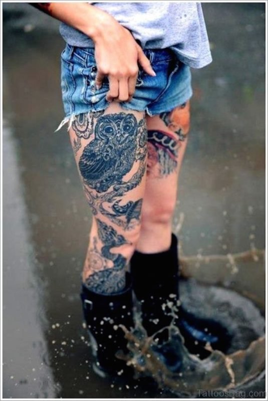 Black Skull and Owl Tattoo on Girl Thigh