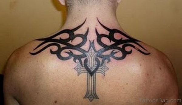 Black Tribal And Cross Tattoo