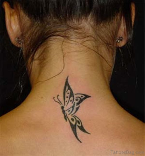 Black Tribal Butterfly Neck Tattoo
