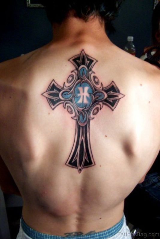 Black And Blue Cross Back Tattoo