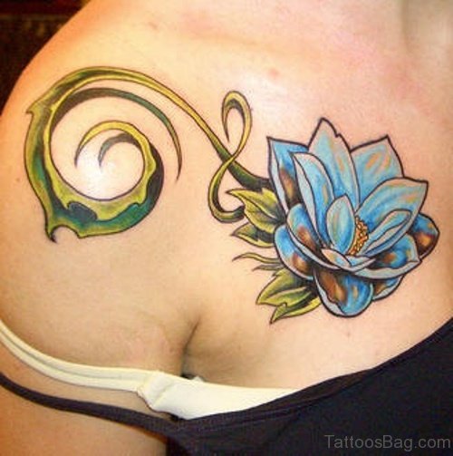 Blue Flower Tattoo On Shoulder