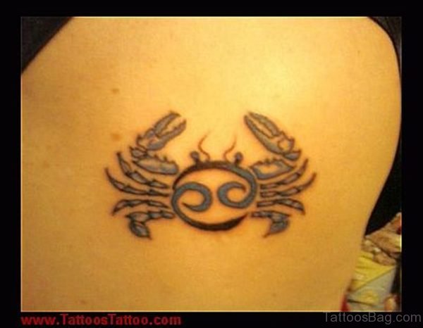 Blue Ink Cancer Crab Tattoo On Back