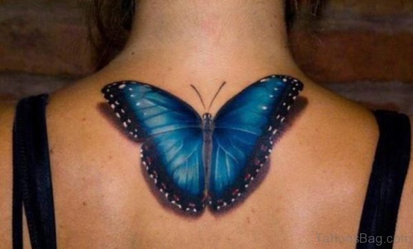 Blue Realistic Butterfly Tattoo On Neck