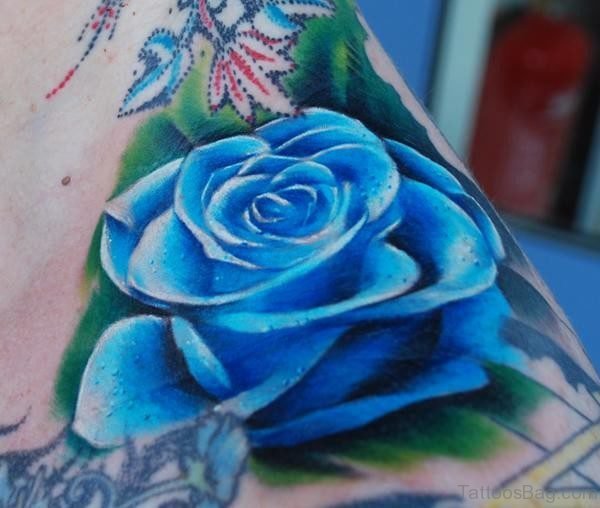 Blue Rose Tattoo On Side Neck