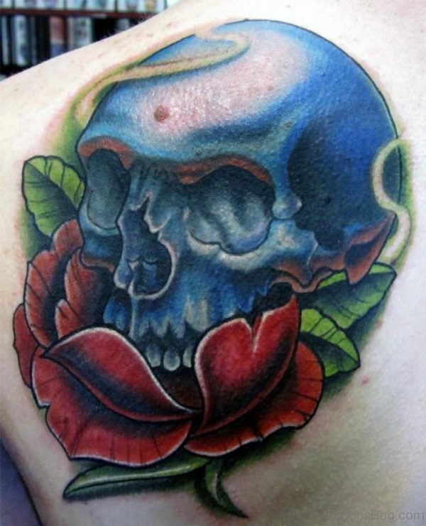Blue Skull And Rose Tattoo