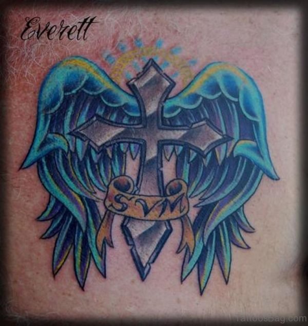 Blue Wings And Cross Tattoo