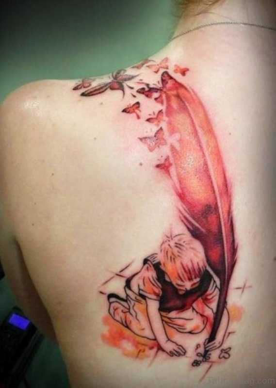 Boy And Feather Tattoo On Back