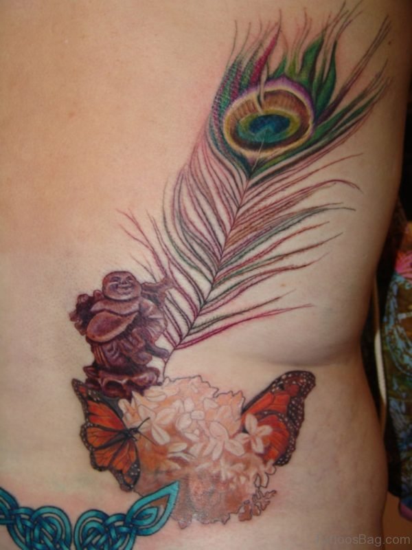 Buddha And Peacock Feather Tattoo