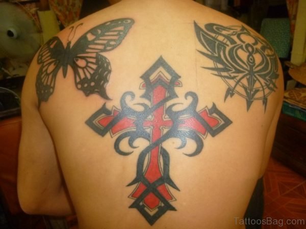 Butterfly And Cross Tattoo On Back