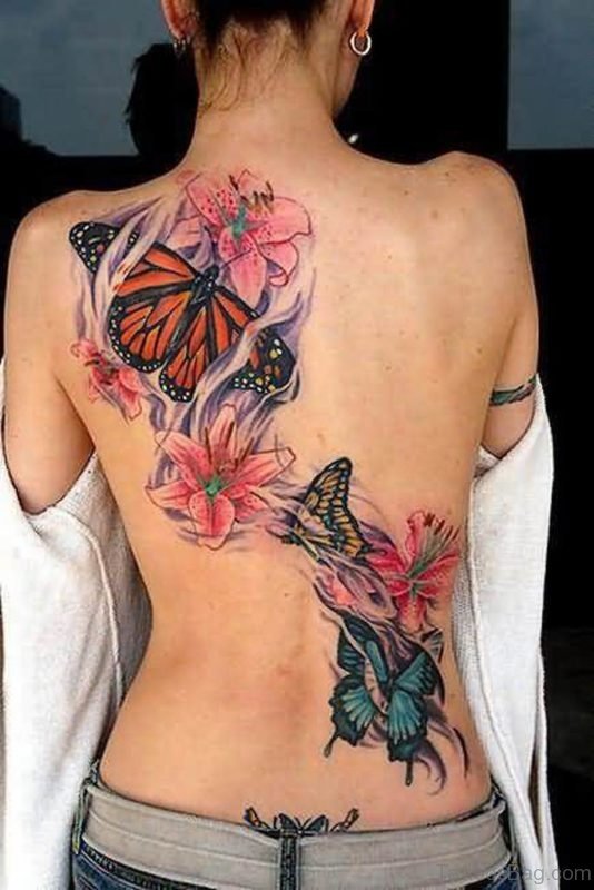 Butterfly And Pink Flowers Tattoo