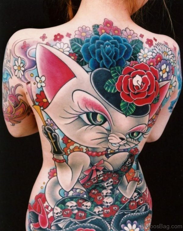 Cat With Flowers Tattoo On Back