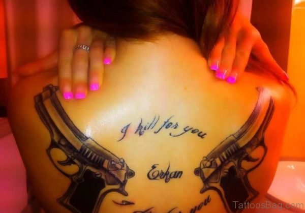 Charming Guns Tattoos On Back Of Girl