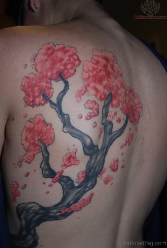Beautiful Cherry Blossom Tree Tattoo Design On Back