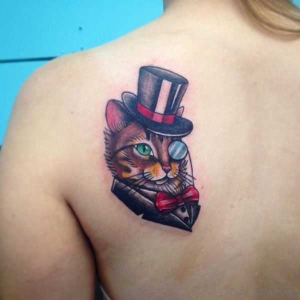 Color Cat Head Tattoo On Left Back