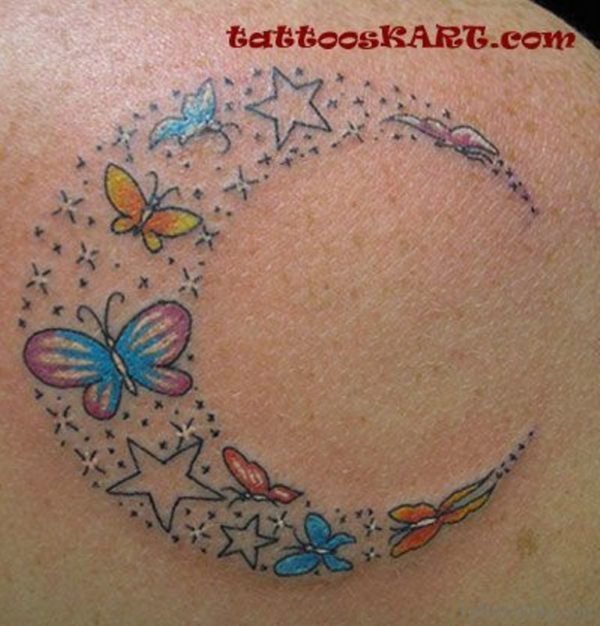 Colored Butterfly And Moon Tattoo