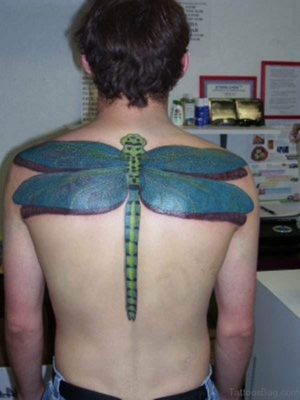 Colored Dragonfly Tattoo On Back