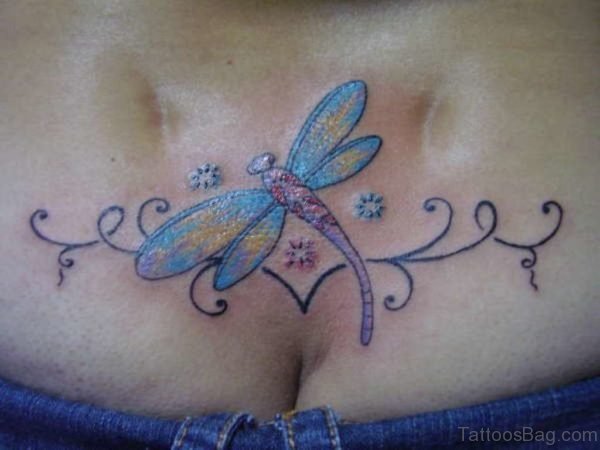 Colored Dragonfly Tattoo On Lower Back